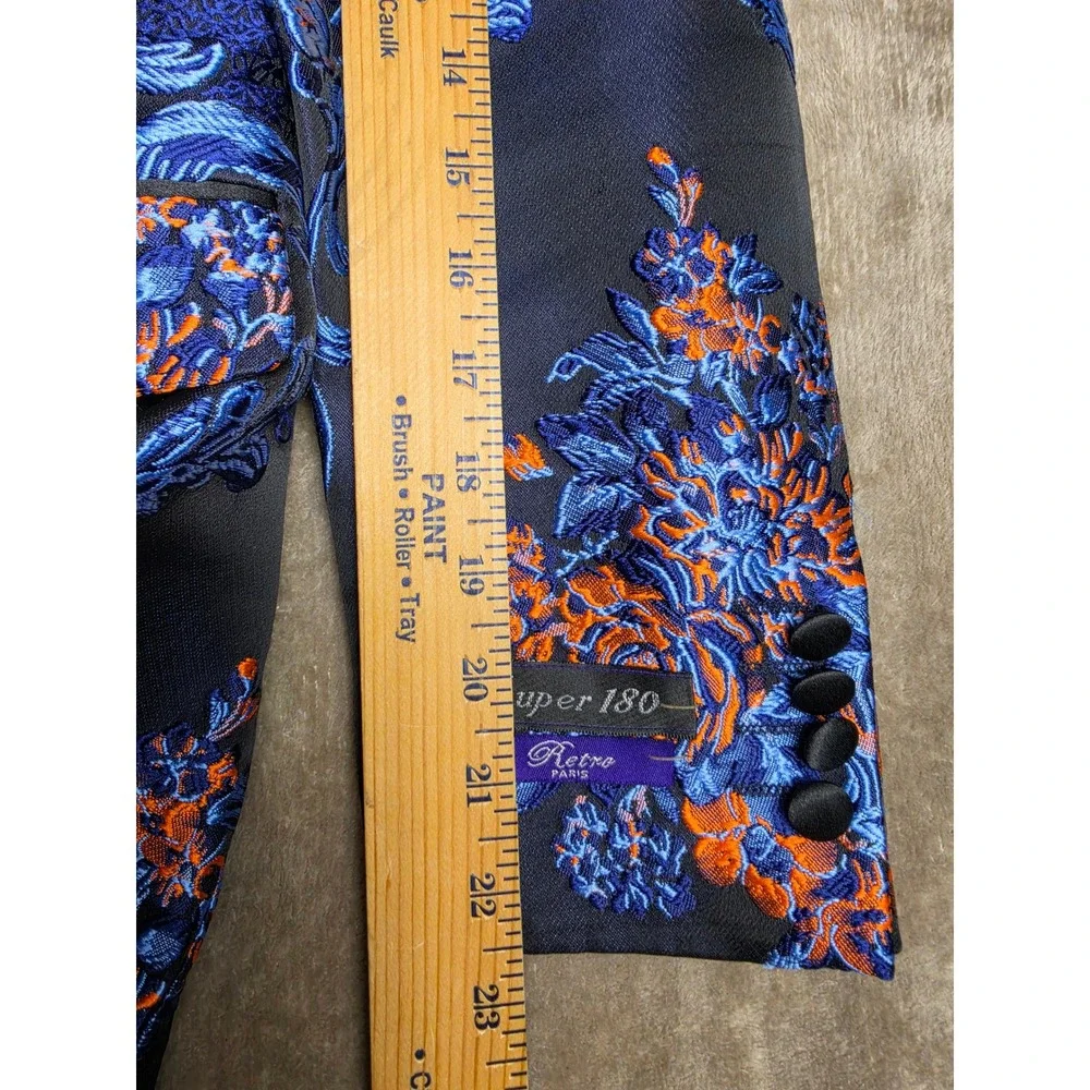 Retro Paris Monte Carlo III Blazer Indigo Blue Orange Floral Damask Tuxedo 36S